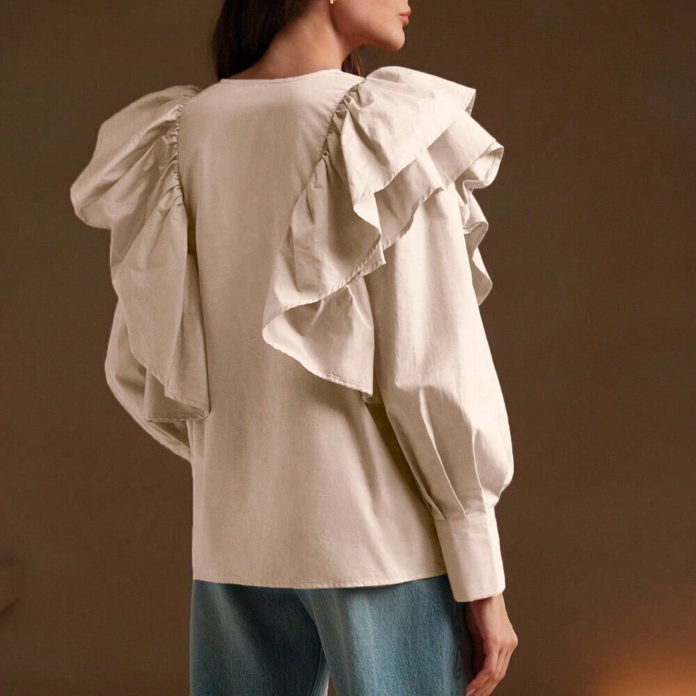 Khaki Casual Women's Elegant Ruffled Lantern Sleeve V-Neck Blouse - Picture 2 of 7